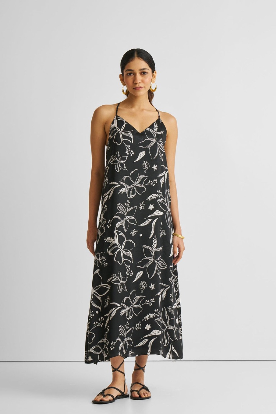 Reistor Dresses | Midi Slip Dress In Black Florals Floral Monochrome Magic