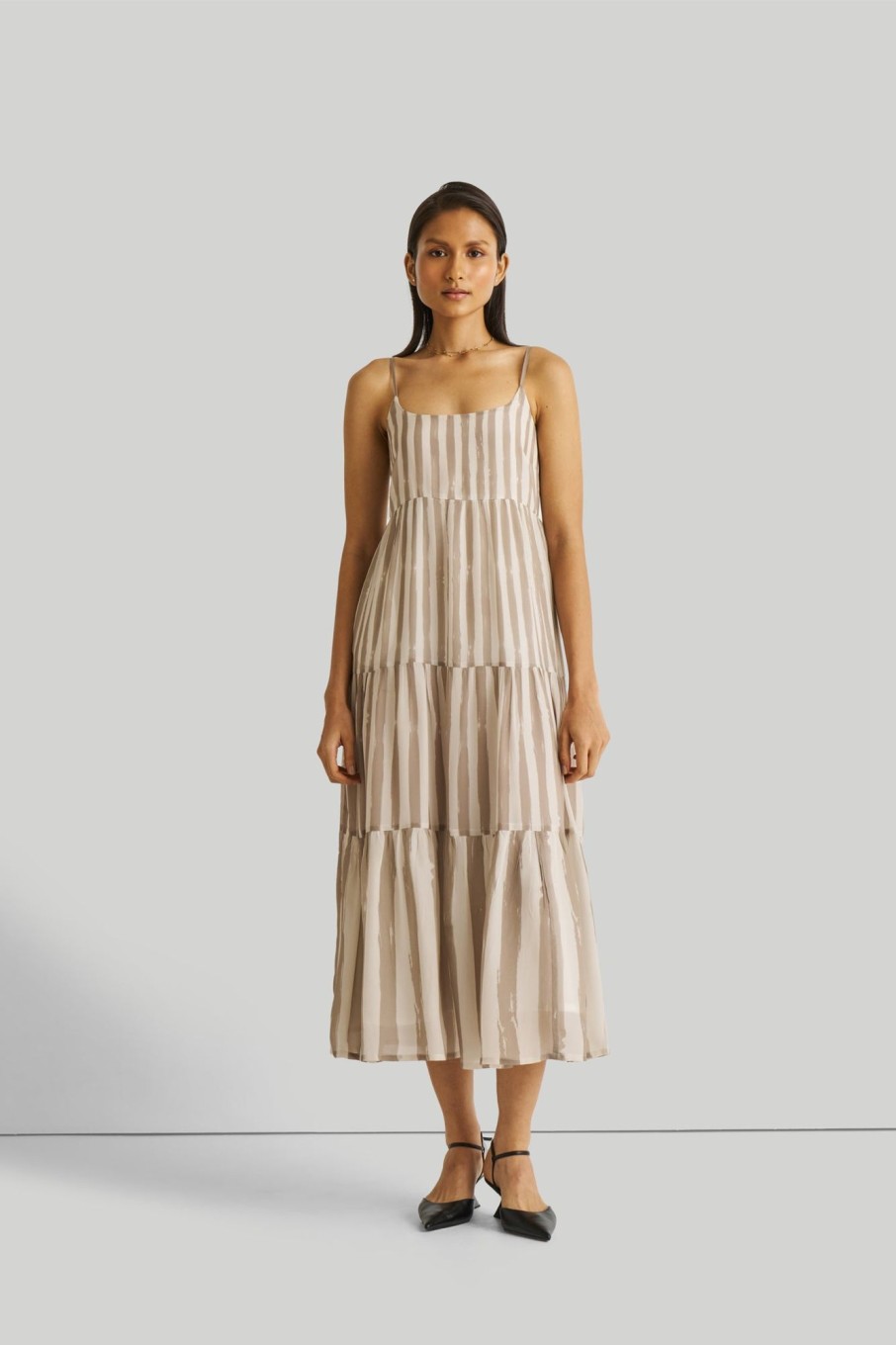 Reistor Dresses | Strappy Tiered Maxi Dress In Beige Stripes Striped Down