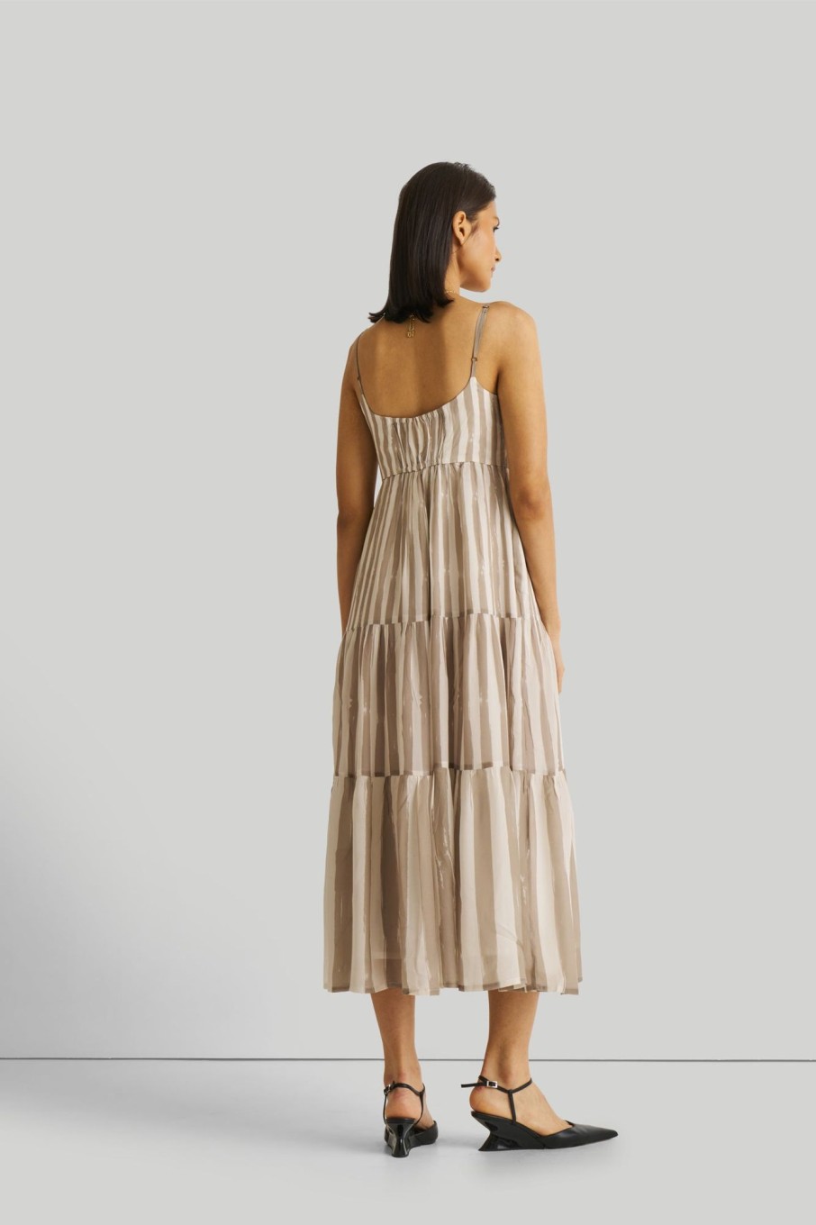 Reistor Dresses | Strappy Tiered Maxi Dress In Beige Stripes Striped Down