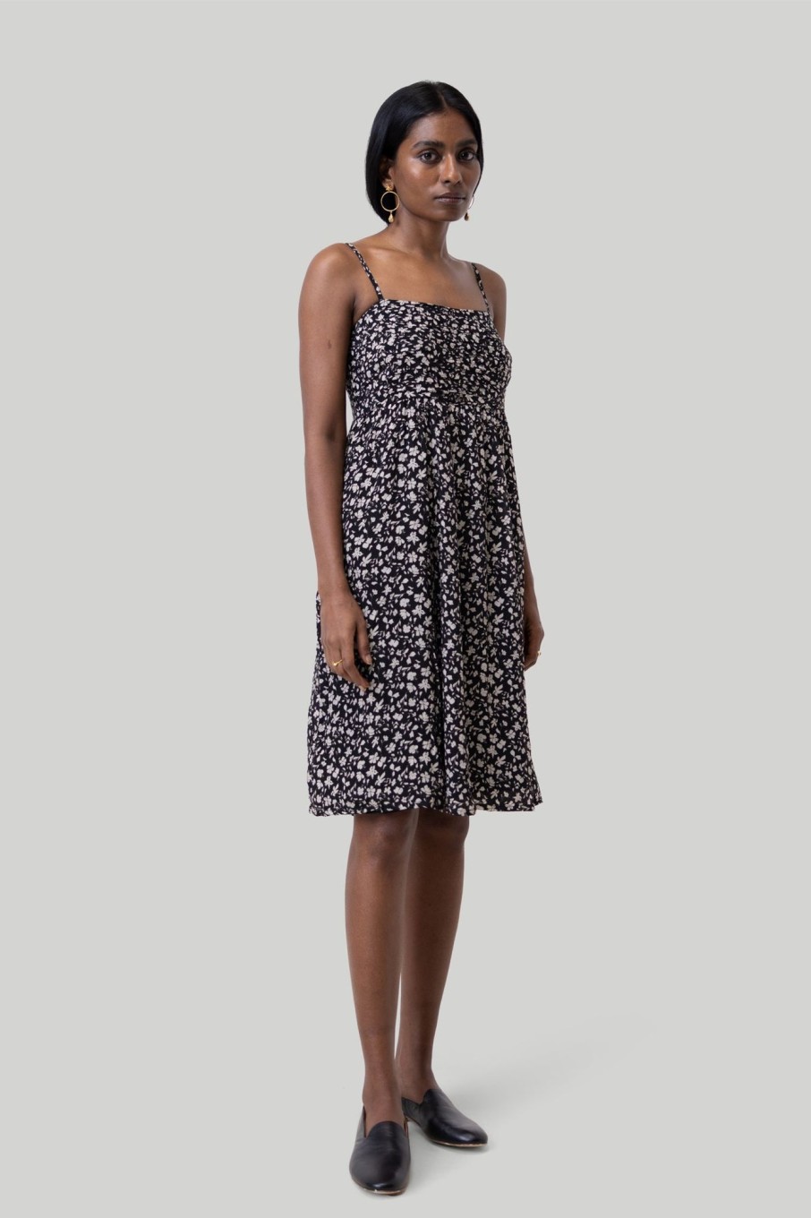 Reistor Dresses | Ruched Strappy Mini Black Floral Dress Monochrome-Medley