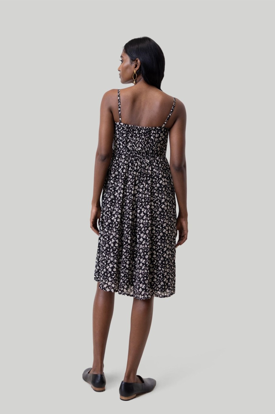 Reistor Dresses | Ruched Strappy Mini Black Floral Dress Monochrome-Medley