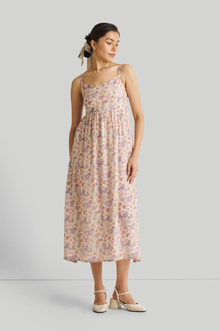 Reistor Dresses | Strappy Gathered Midi Dress In Pink Florals Petal Fusion