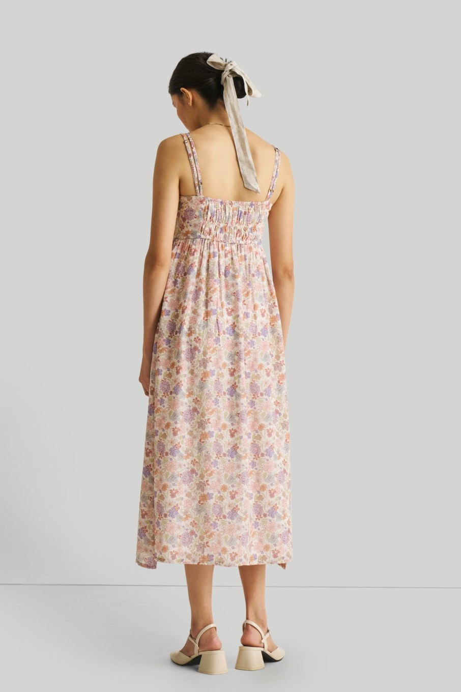 Reistor Dresses | Strappy Gathered Midi Dress In Pink Florals Petal Fusion