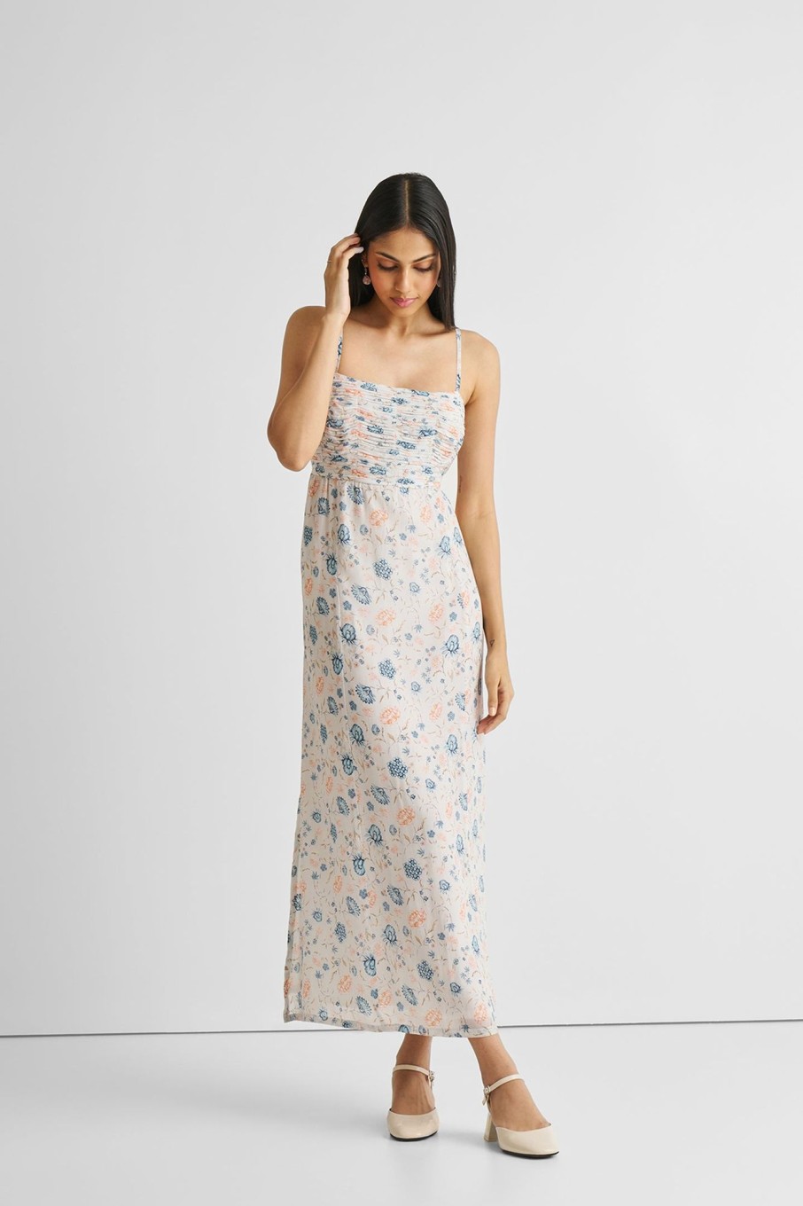 Reistor Dresses | Ruched Floral Strappy Maxi Dress Azalea Allure