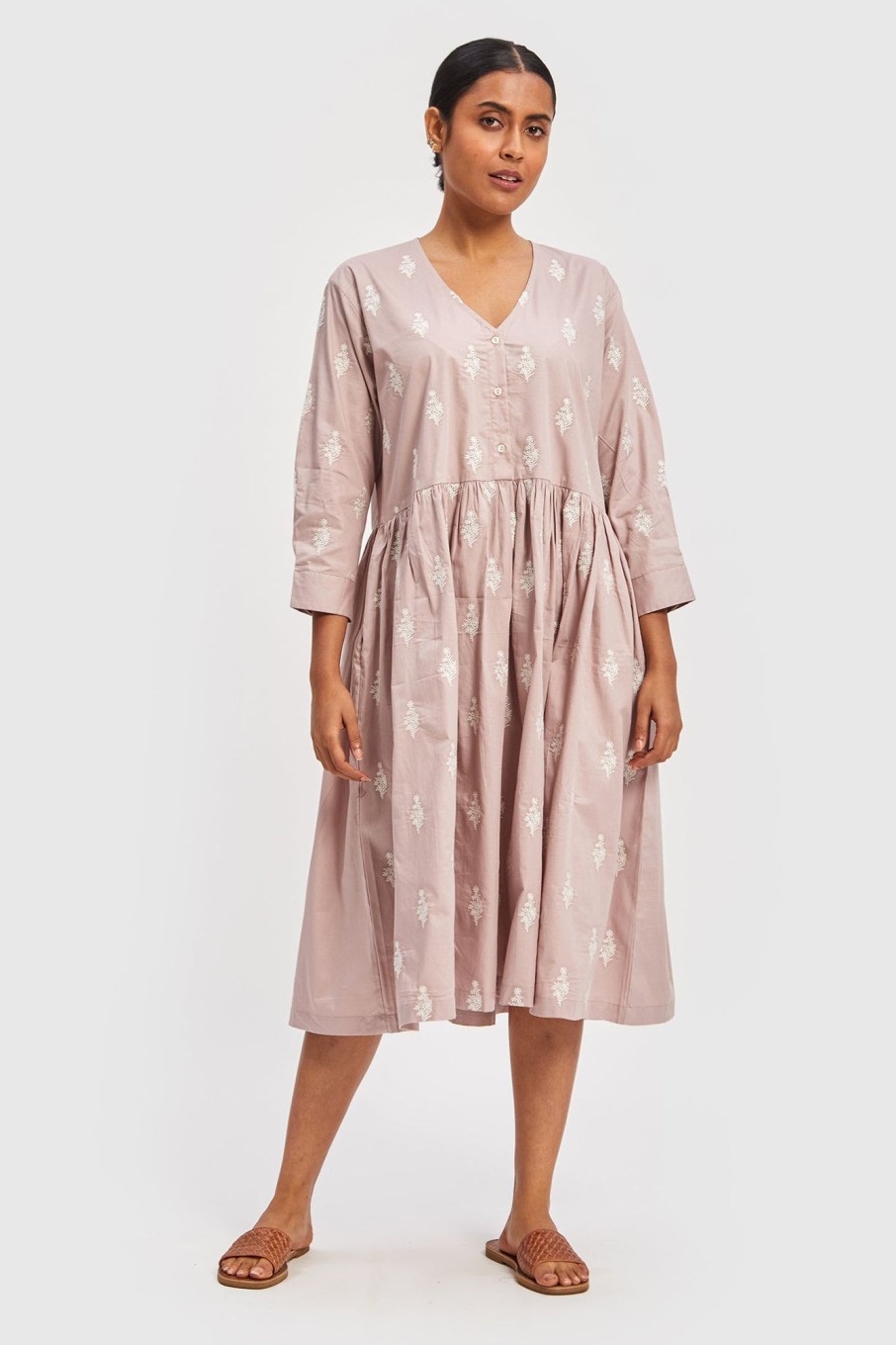 Reistor Dresses | Gathered Embroidered Pink Dress Poplin Pink