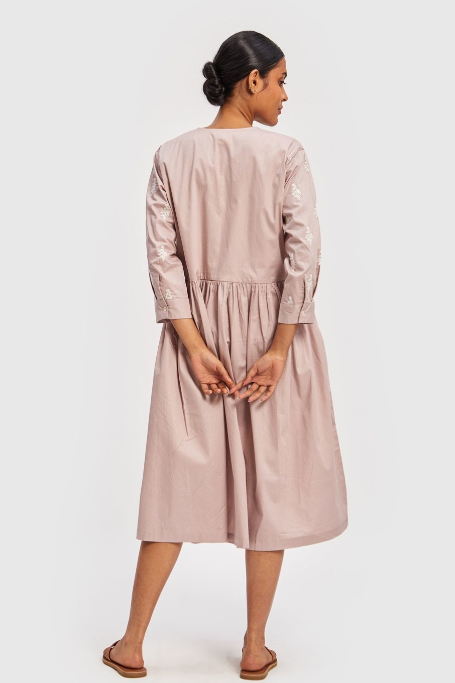 Reistor Dresses | Gathered Embroidered Pink Dress Poplin Pink