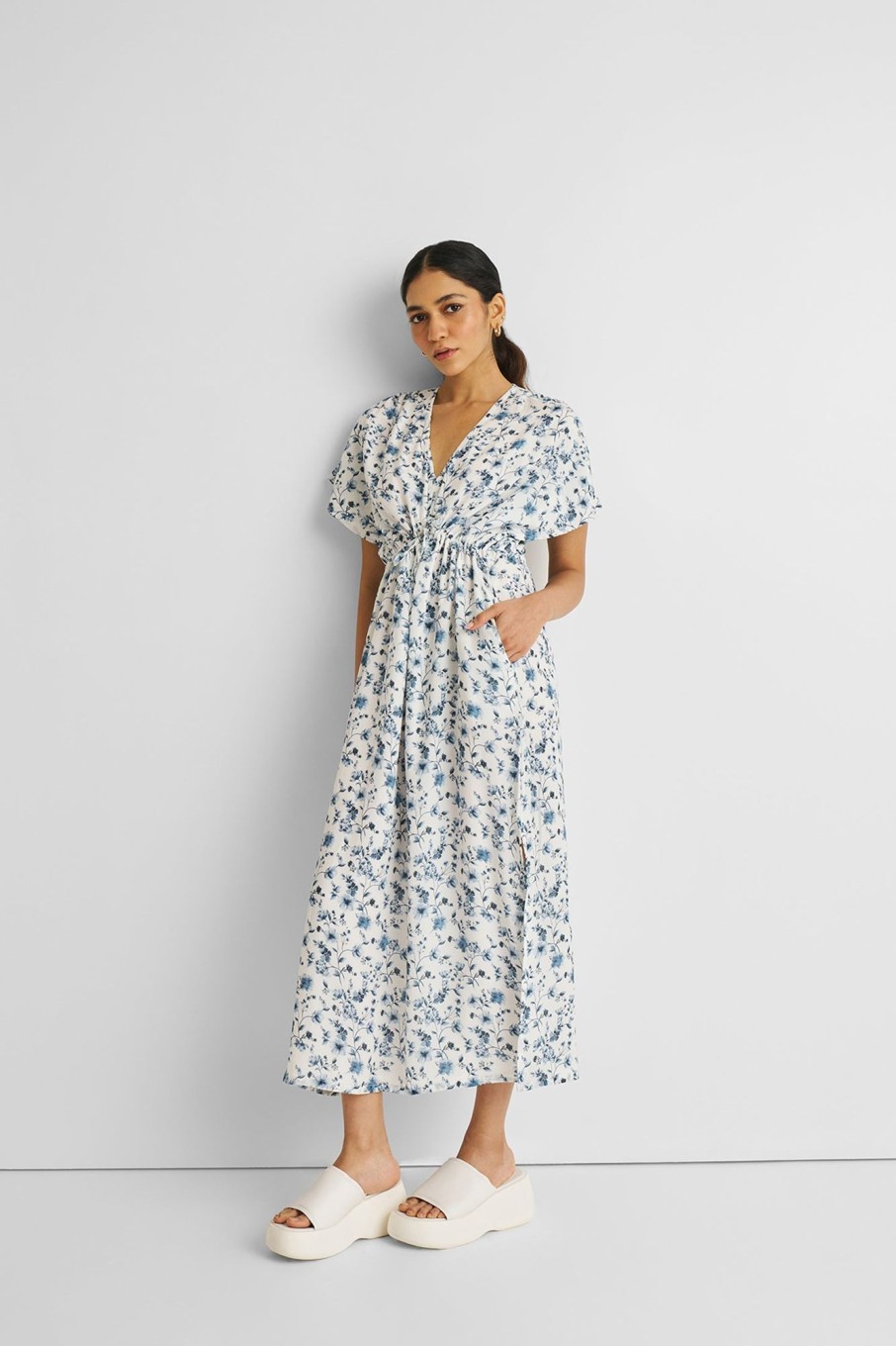 Reistor Dresses | Gathered Maxi Dress In Blue Florals Wisteria Whimsy