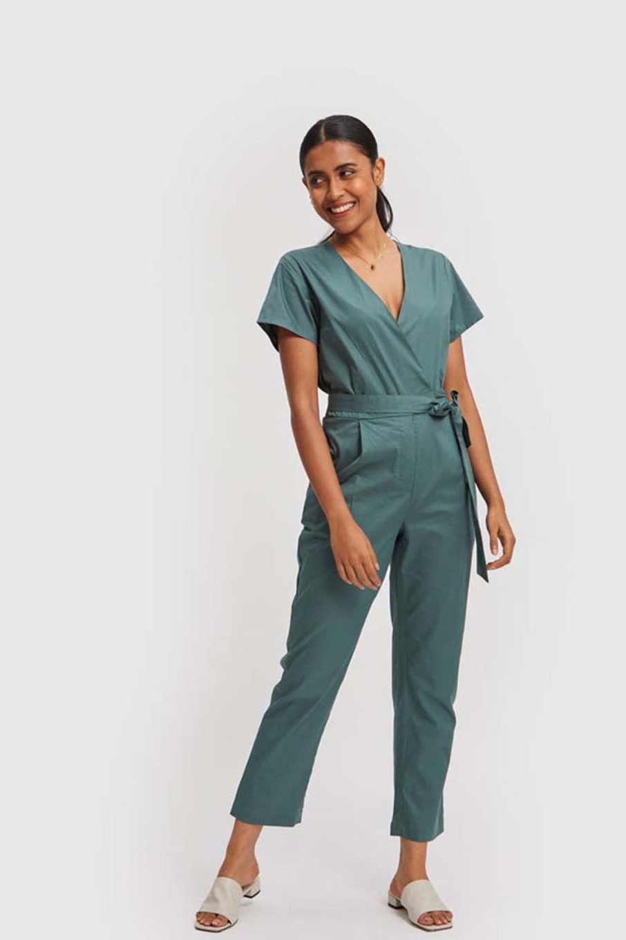 Reistor Jumpsuits | Cropped Wrap Jumpsuit Poplin Green