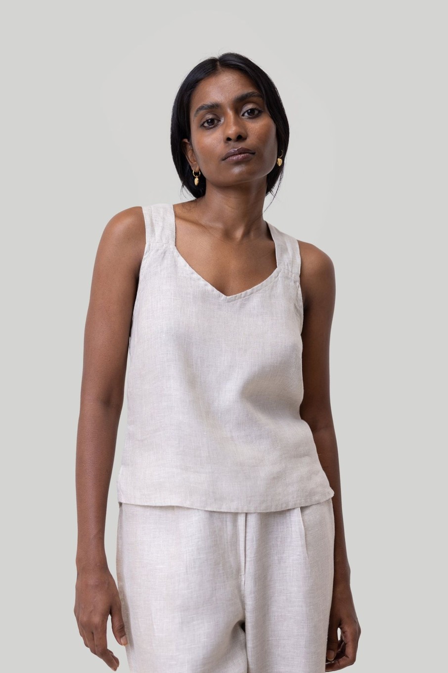 Reistor Tops | Crossback Button Up Tank Top Linen-Check