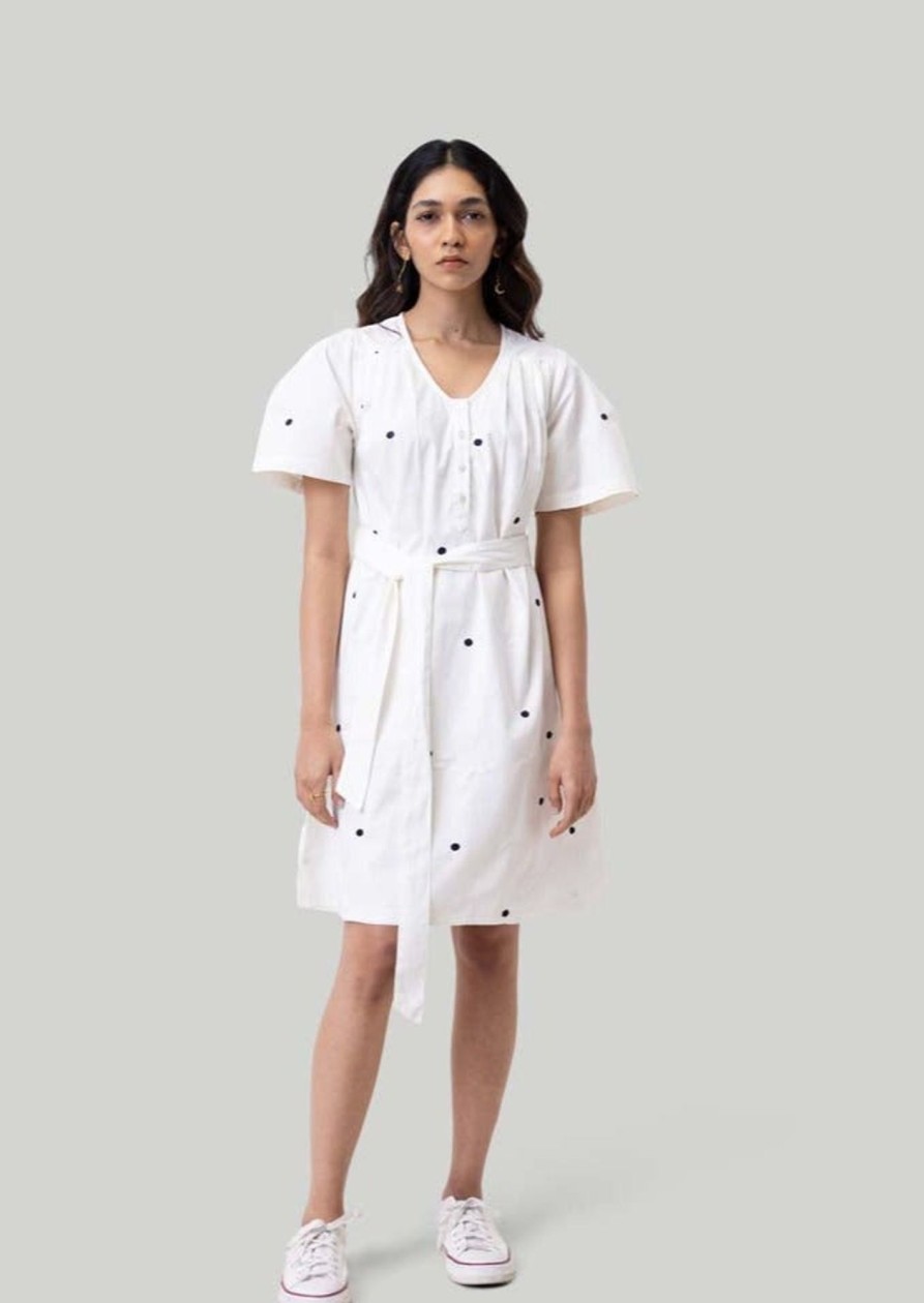 Reistor Dresses | Pleated Tent Dress In Polka Embroidery Shell Off-White