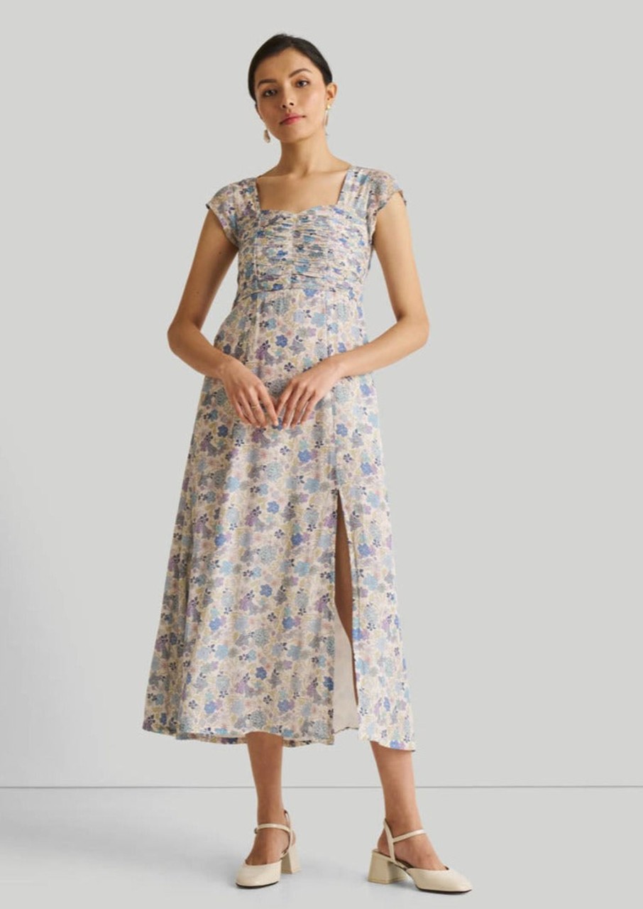 Reistor Dresses | Ruched Dress In Blue Florals Blue Remixed Florals