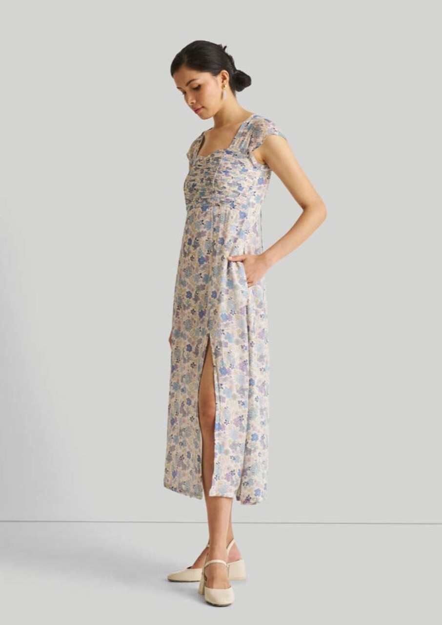 Reistor Dresses | Ruched Dress In Blue Florals Blue Remixed Florals