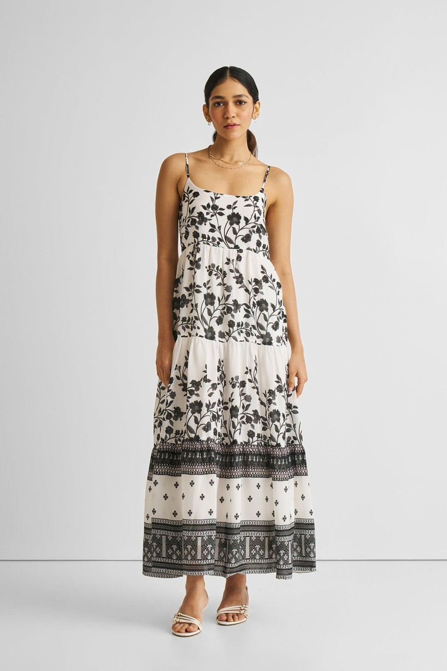 Reistor Dresses | Strappy Tiered Maxi Dress In Florals Vines And Twirls Black