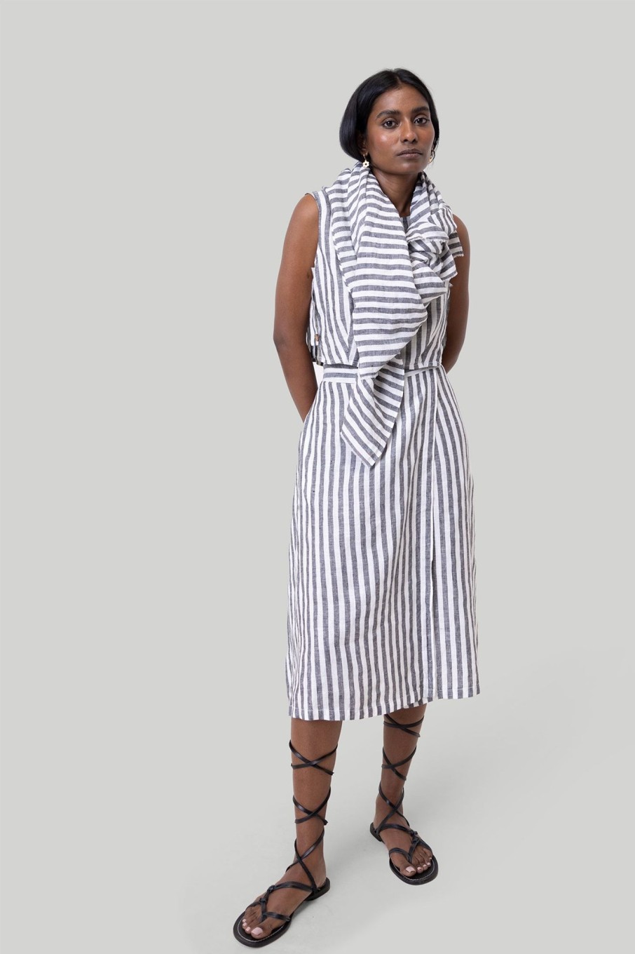 Reistor Skirts | Overlap Midi Skirt In Linen Stripes Striped-Linen