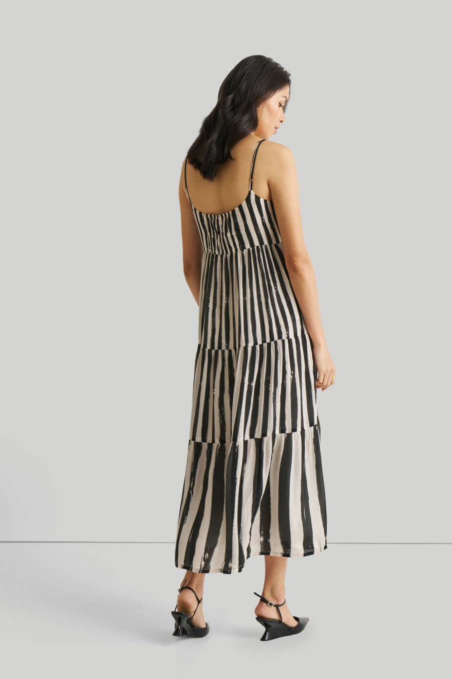 Reistor Dresses | Strappy Tiered Maxi Dress In Black Stripes Striped Down