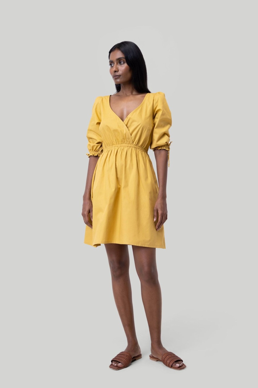 Reistor Dresses | Gathered Elbow Sleeve Short Dress In Mustard Tuscan Sun