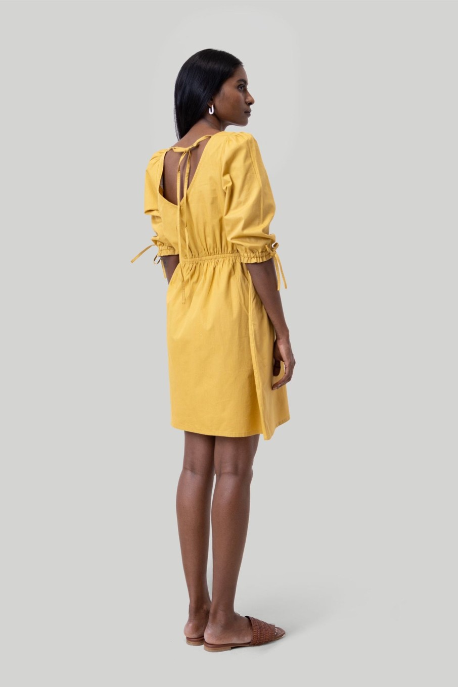 Reistor Dresses | Gathered Elbow Sleeve Short Dress In Mustard Tuscan Sun