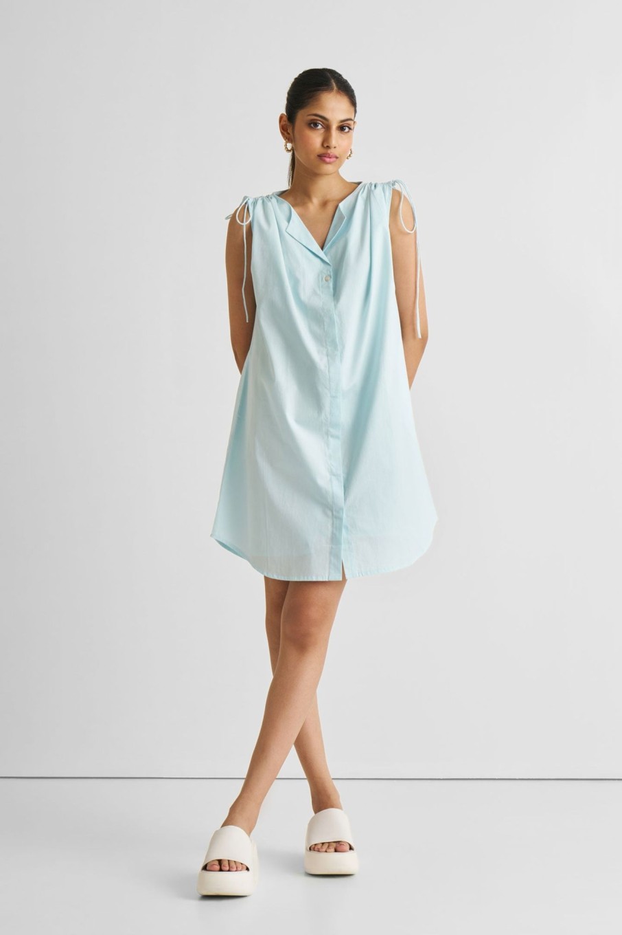 Reistor Dresses | Shirt Dress With Shoulder Tie Details In Summer Blue