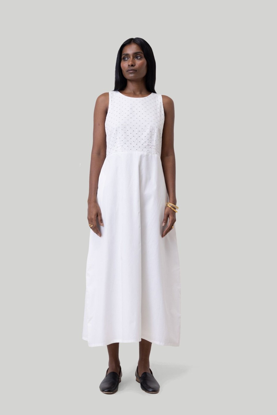 Reistor Dresses | Cross-Back Midi Dress In Eyelet Embroidery Coconut White