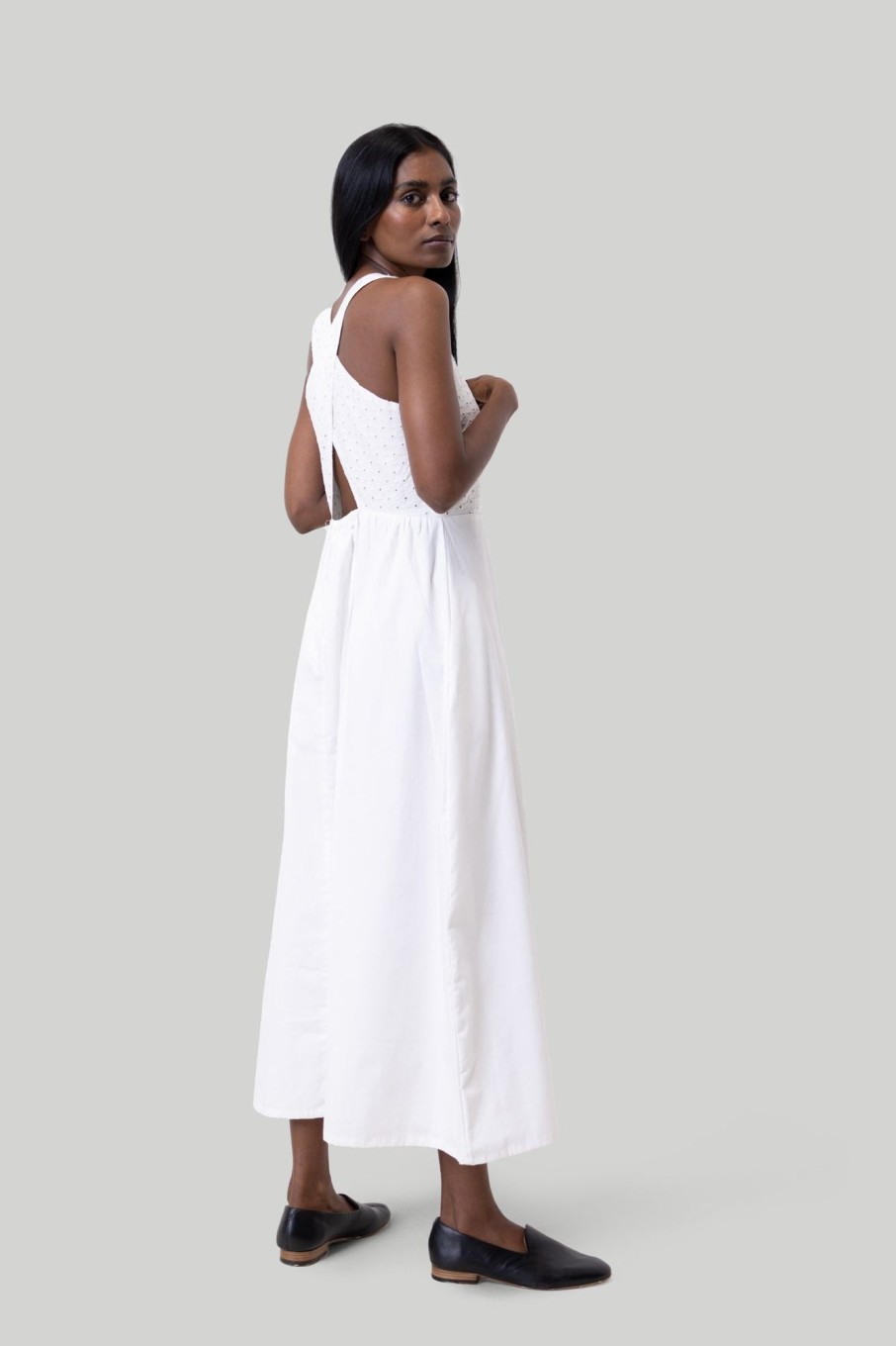 Reistor Dresses | Cross-Back Midi Dress In Eyelet Embroidery Coconut White