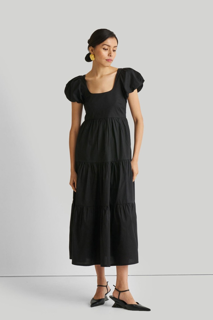 Reistor Dresses | Puff Sleeve Tiered Maxi Dress In Black