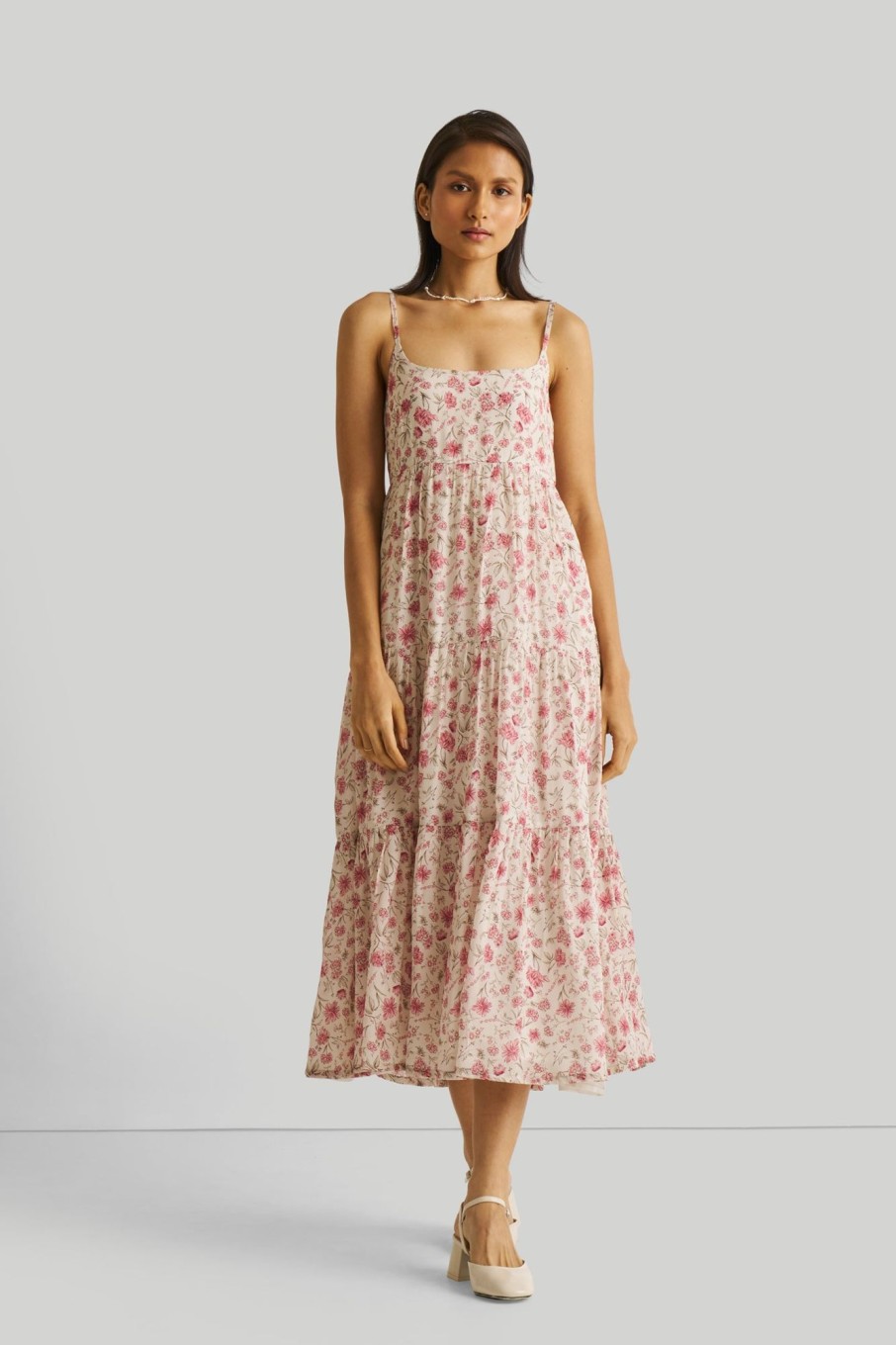 Reistor Dresses | Strappy Tiered Maxi Dress In Pink Florals Petal Fusion