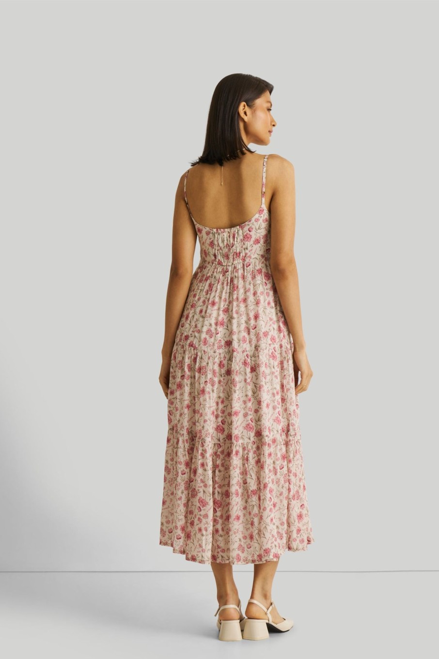 Reistor Dresses | Strappy Tiered Maxi Dress In Pink Florals Petal Fusion