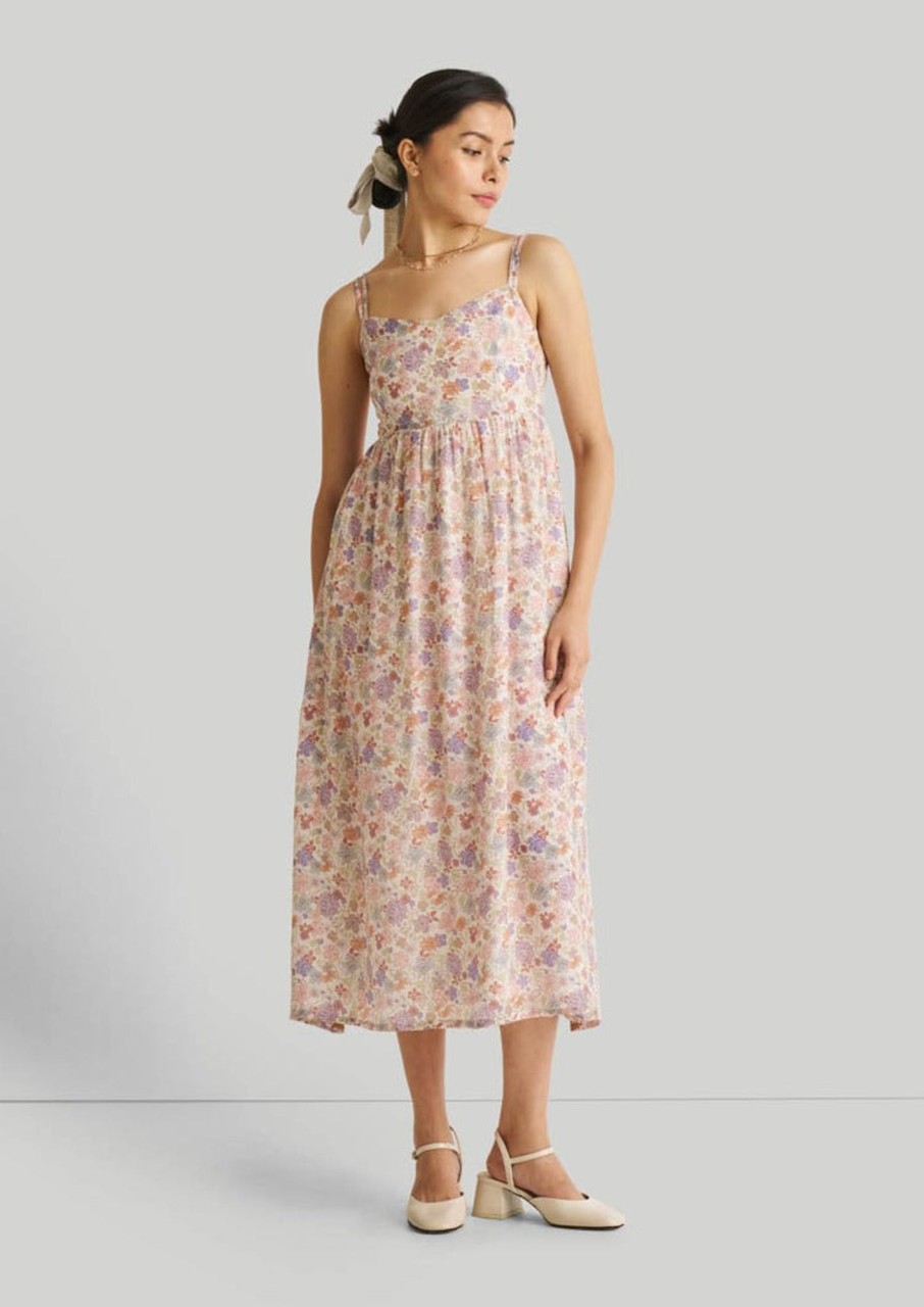 Reistor Dresses | Strappy Gathered Floral Midi Dress Remixed Wildflowers