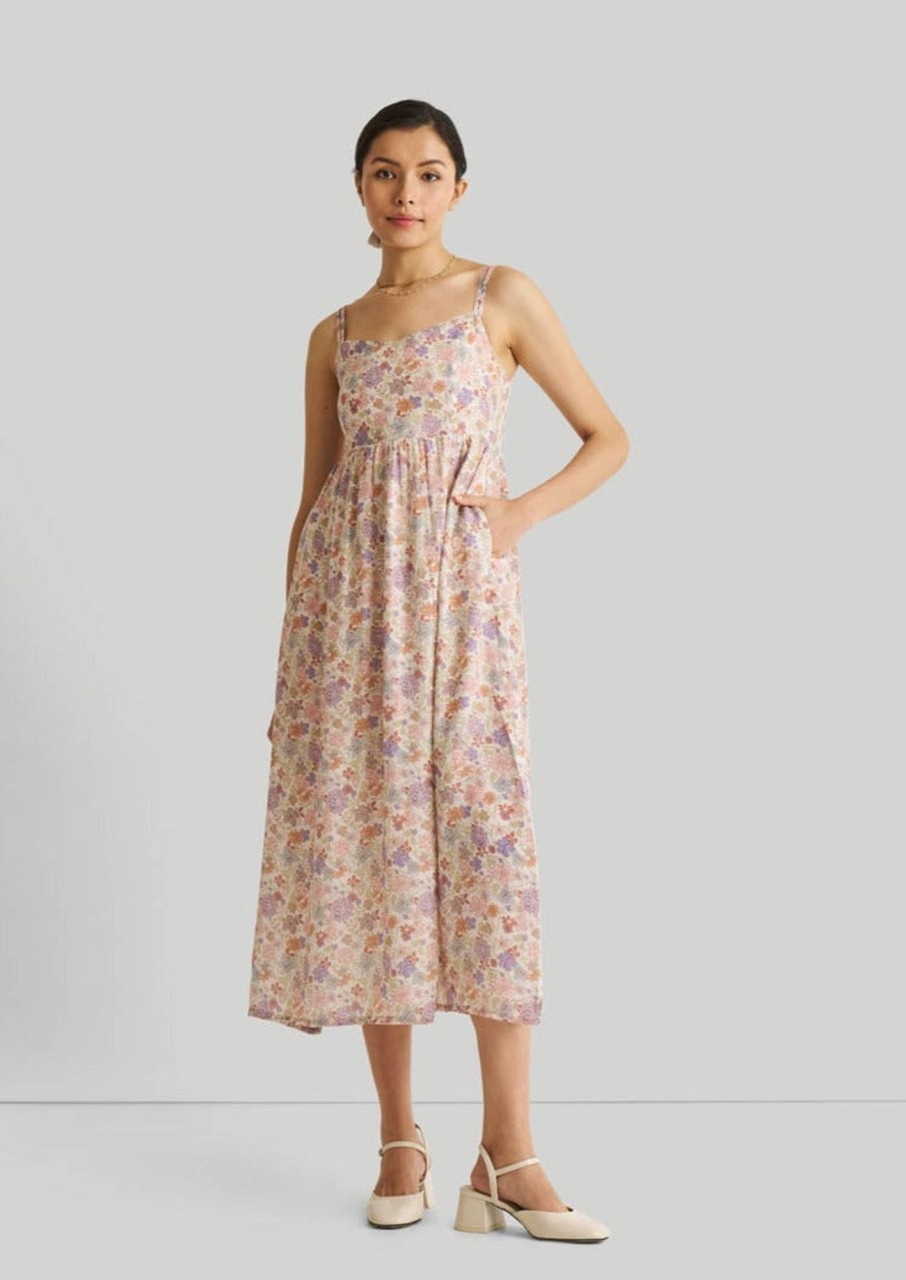 Reistor Dresses | Strappy Gathered Floral Midi Dress Remixed Wildflowers