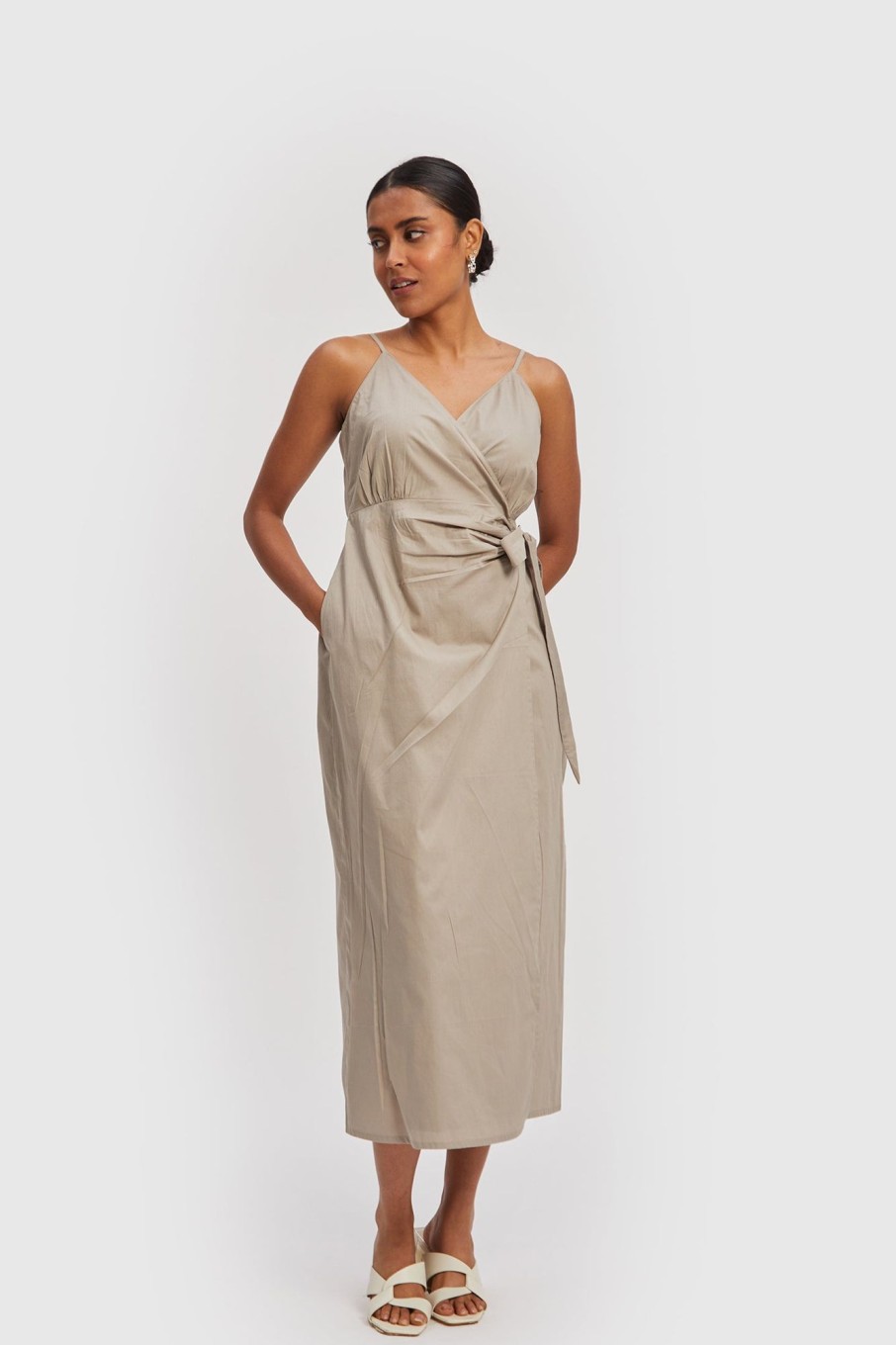 Reistor Dresses | Strappy Wrap Dress Poplin Ecru