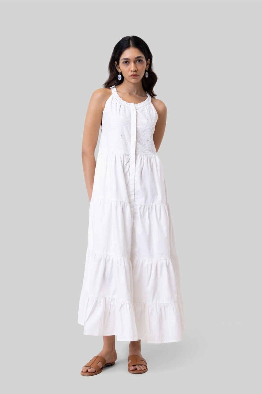 Reistor Dresses | Sleeveless Embroidered Tiered Maxi Dress Coconut White